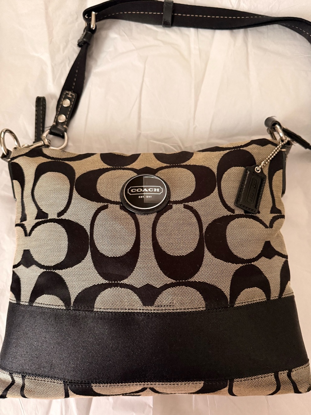COACH Signature Canvas Shoulder/Crossbody File Bag in Tan/Black